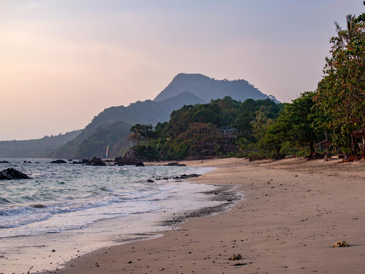 Sunrise view of Koh Pu mountain from the beach at Koh Jum Beach Villas